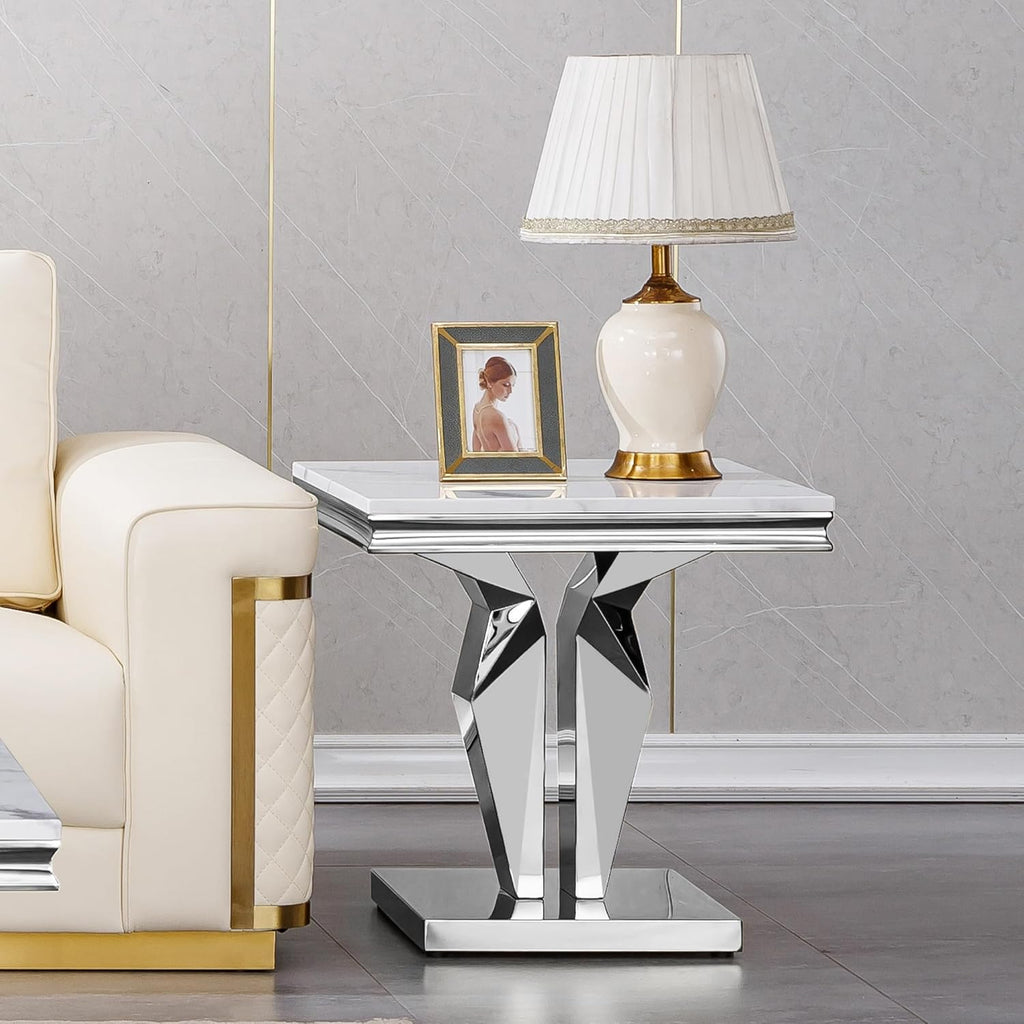 Modern Marble End Table, Sqaure Sofa Side Table with Silver Mirrored Stainless Steel Base Luxury White Faux Marble Accent End Table Bedside Table Nightstand for Living Room Bedroom