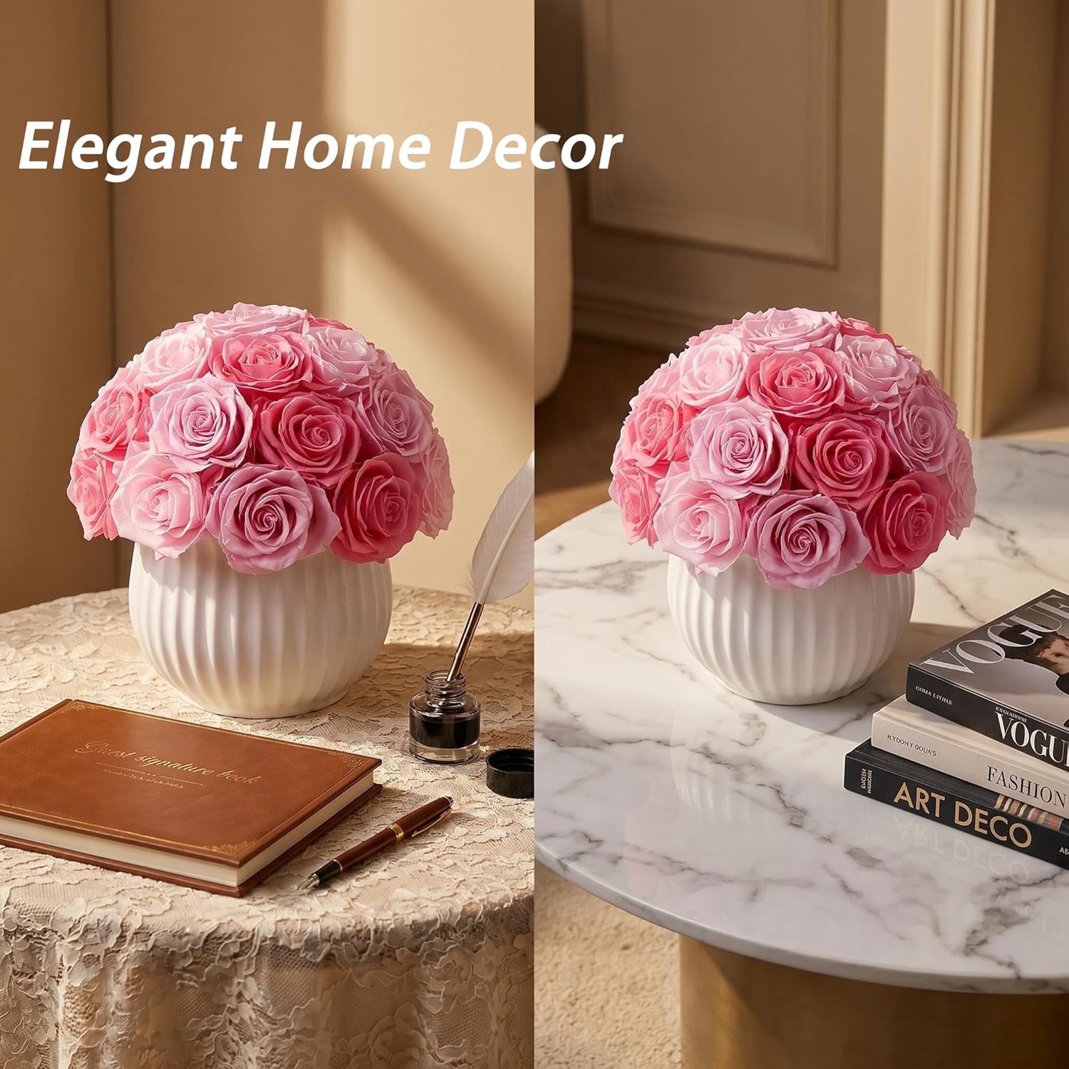 Preserved Roses in Vase,25Pcs Forever Roses with Ceramic Vase,Long Lasting Natural Flowers for Table Decor, Centerpieces for Tables,Party,Weeding,Birthday