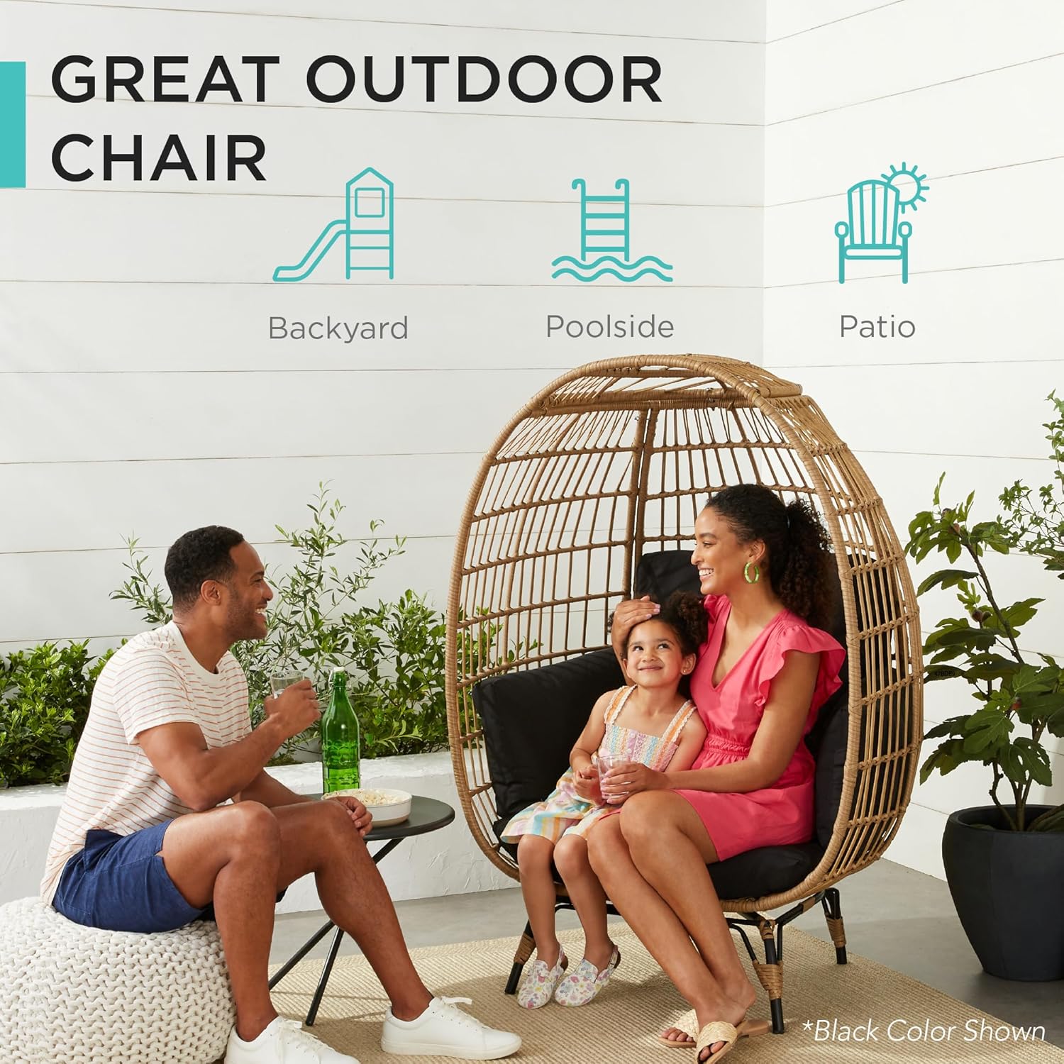 Best Choice Products Wicker Egg Chair, Oversized Indoor Outdoor Lounger for Patio, Backyard, Living Room w/ 4 Cushions, Steel Frame, 440lb Capacity - Black/Black