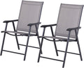 Set of 2 Patio Folding Chairs, Stackable Outdoor Sling Patio Dining Chairs with Armrests for Lawn, Camping, Dining, Beach, Metal Frame, No Assembly, Gray