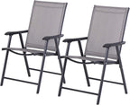 Set of 2 Patio Folding Chairs, Stackable Outdoor Sling Patio Dining Chairs with Armrests for Lawn, Camping, Dining, Beach, Metal Frame, No Assembly, Gray
