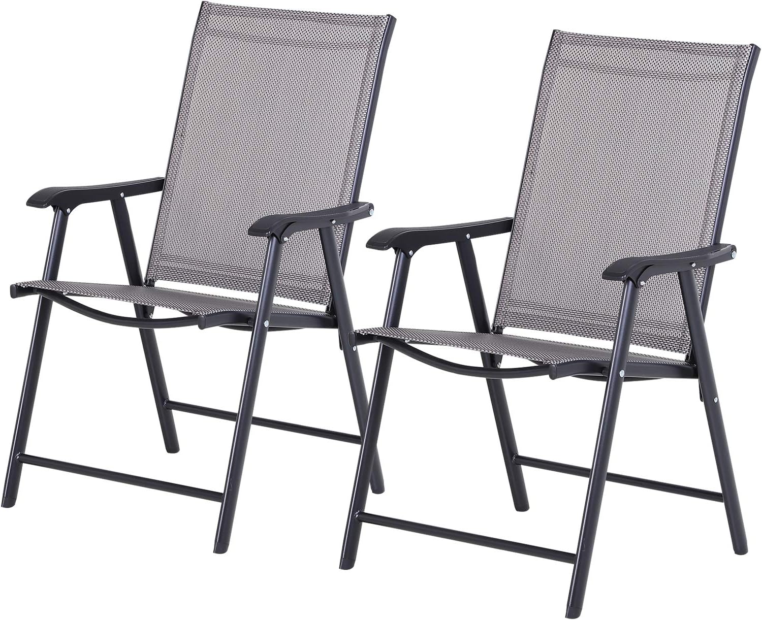 Set of 2 Patio Folding Chairs, Stackable Outdoor Sling Patio Dining Chairs with Armrests for Lawn, Camping, Dining, Beach, Metal Frame, No Assembly, Gray
