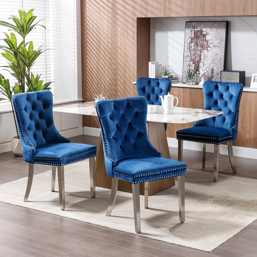Mid Century Modern Dining Chairs Set of 4, Blue Velvet Upholstered Tufted Back, Kitchen & Dining Room Chairs, Brushed Silver Metal Legs, Nailhead Trim, Sillas para Comedor (Blue, 4 Pcs)