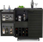 BDI Furniture Corridor 5620-36'' Bar Cabinet with Louvered Doors, Wine and Bottle Storage, Adjustable Shelf, Storage Drawer, Stemware Rack and Glass Top, Charcoal Stained Ash