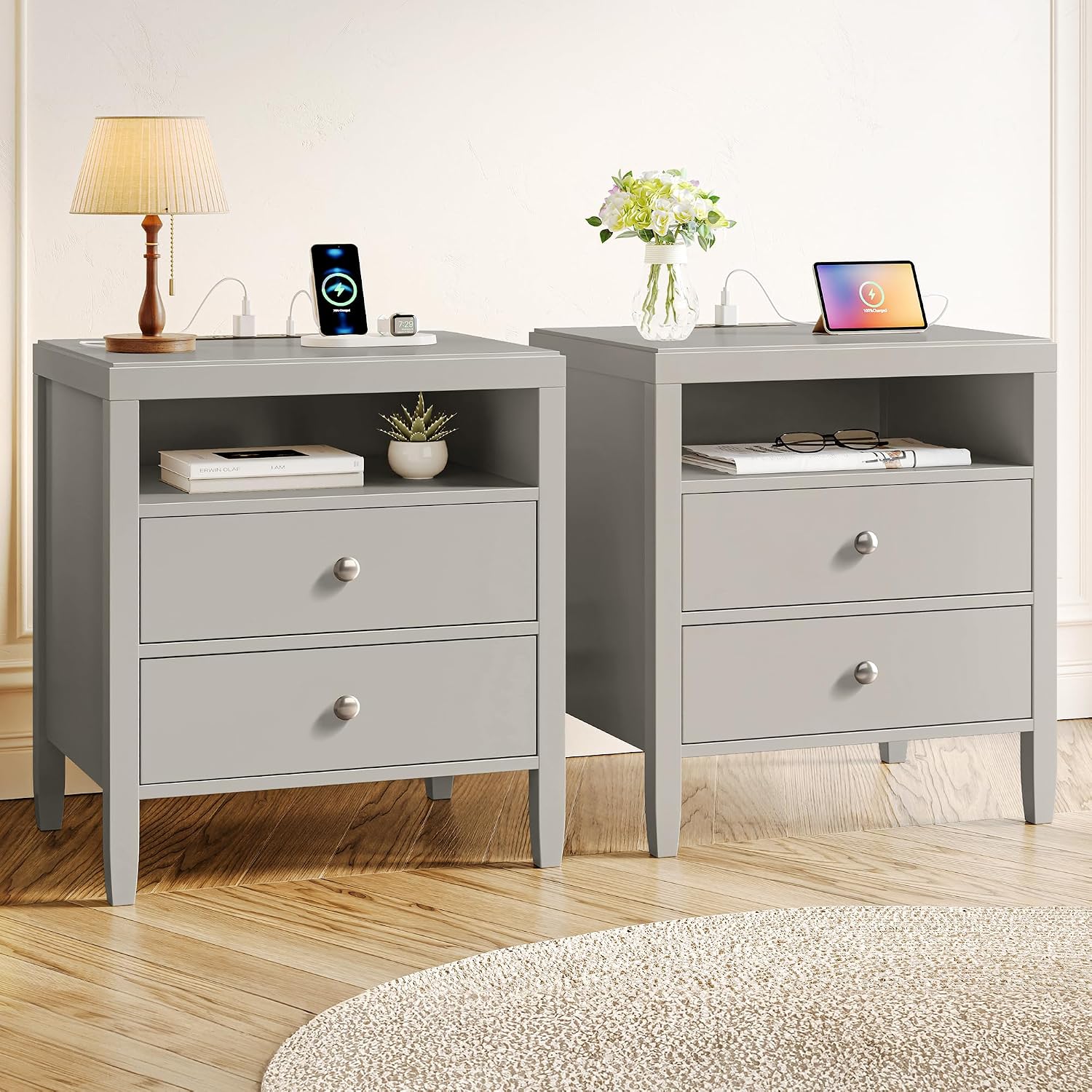 Huuger Grey Nightstand Set of 2, Night Stand with Charger Station, Bedside Table with 2 Drawers, Bed Side Tables for Bedroom, Modern Nightstands, Metal Knobs, Painted Surface