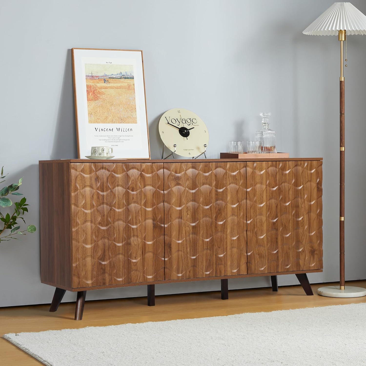 Modern Sideboard Buffet Cabinet with Scandinavian Fluted Door, 58'' Large Kitchen Storage Cabinet with Press Type Door, Accent Console Table for Dining Room Living Room (Walnut)