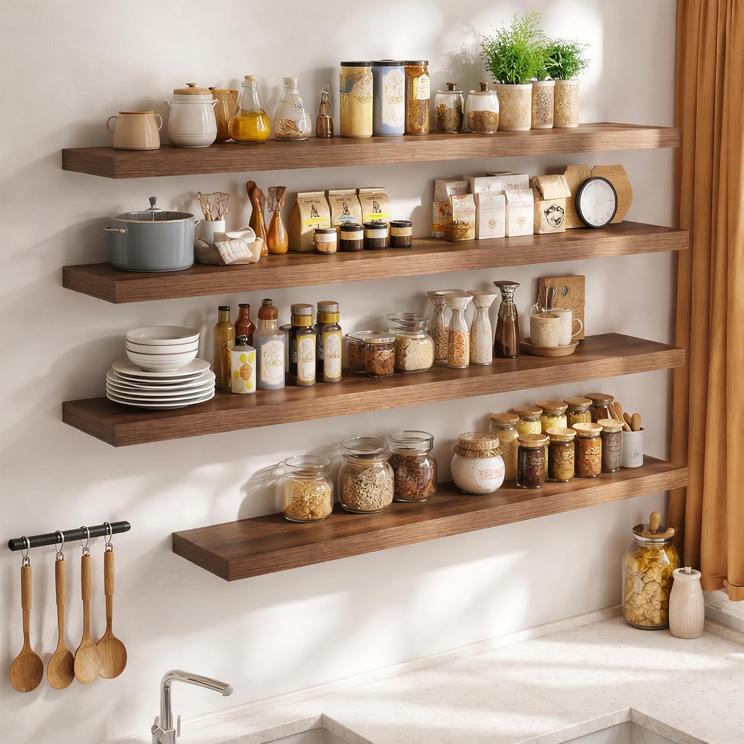 FLYJOE 36 Inch Long Floating Shelves for Wall Set of 1, 12" D Wood Grain Bathroom Shelves with Invisible Brackets, Easy Install Engineered Wood Storage Shelves for Kitchen, Living Room, Bedroom