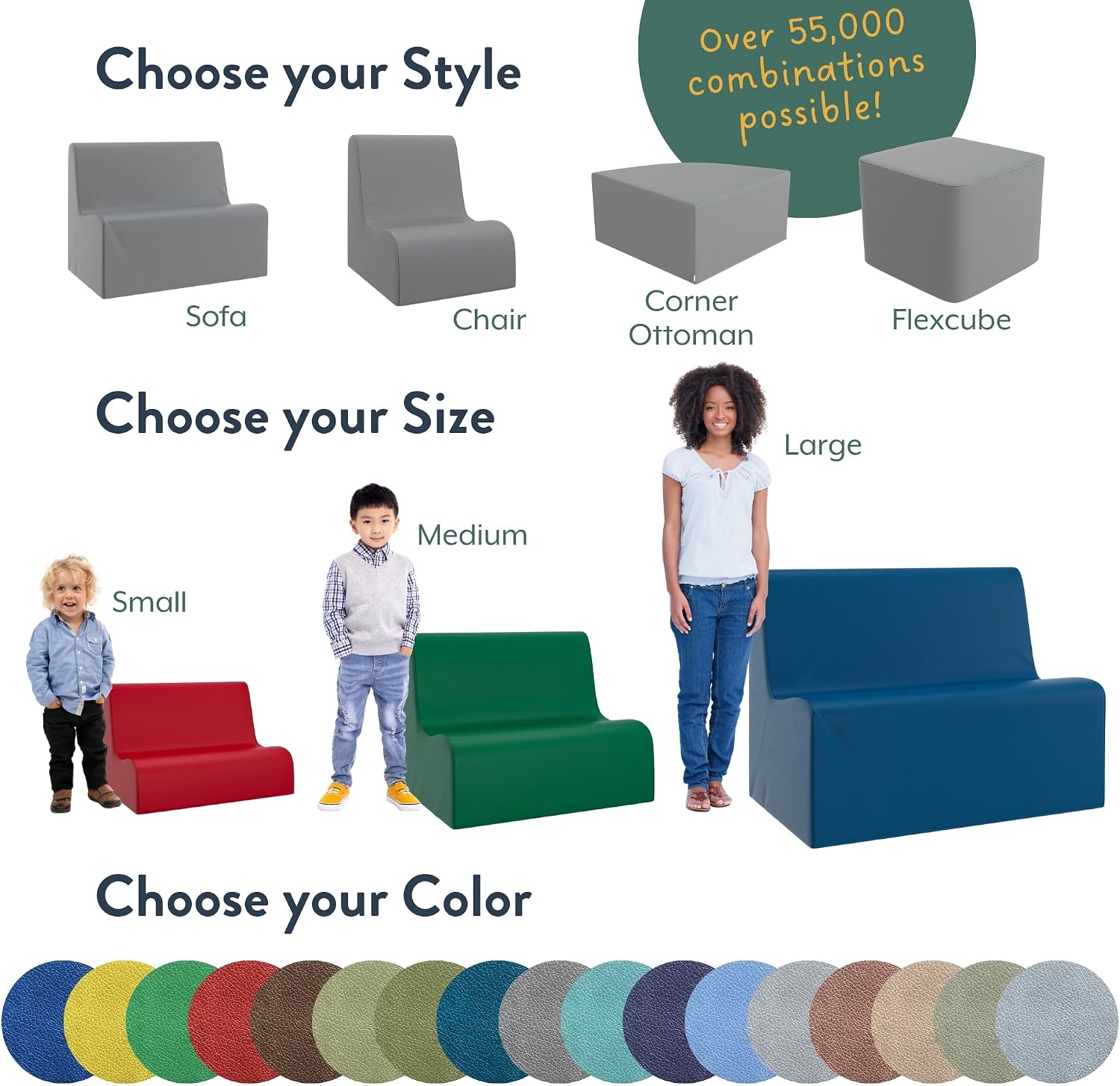 Children's Factory Medium Contour Sofa, Mix-and-Match Kids Chairs, Sofas, Corner Ottomans and Cubes, Foam-Filled and Water-Resistant, Flexible Seating for Classroom Elementary, Deep Water Kids Couch