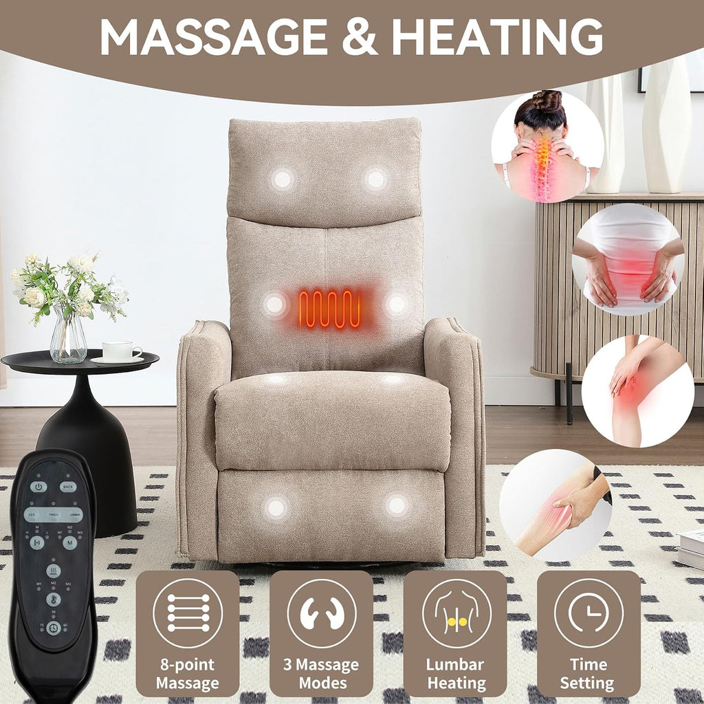Rocker Recliner Chair for Adults, Swivel Rocker Recliner with Massage and Heat, Adjustable Glider Recliner Nursery Chair with Black Metal Base, Small Recliners for Small Spaces, Living Room (Khaki)