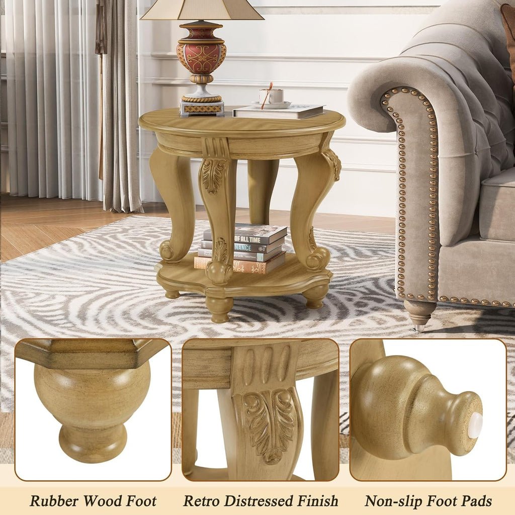 KEIKI Solid Rubber Wood Round Side End Table with Storage Shelf, Traditional Vintage Couch Sofa Bedside Table Night Stand for Living Room Bedroom, Espresso