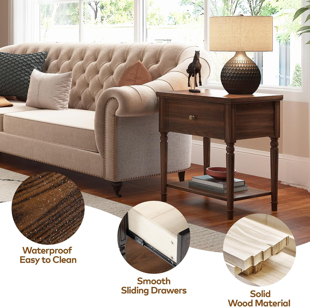 Solid Wood Nightstands Set of 2 with Drawer, Farmhouse End Table Sofa Side Table with Storage Shelves, Real Wood Beside Table Accent Table for Small Spaces, Living Room, Easy Assembly (Walnut)
