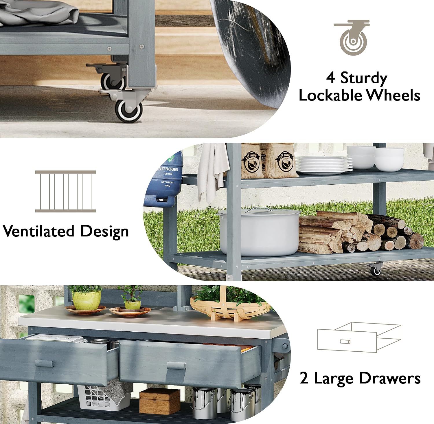 64.9" H Outdoor Potting Bench Table with Lockable Wheels, Solid Wood Outdoor Cabinet with Upper Hutch, Towel Rack,Outdoor Storage for Lawn Garden, Grey Blue
