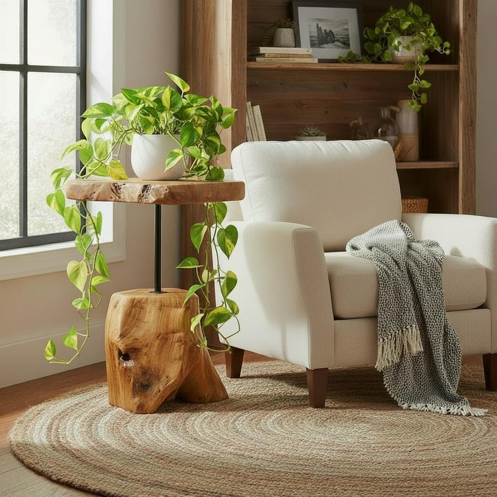 WELLAND Natural Edge Cedar Stump Side Table with Tree Root Base - Unique Handmade Wood Accent Table 14 W x 19" H