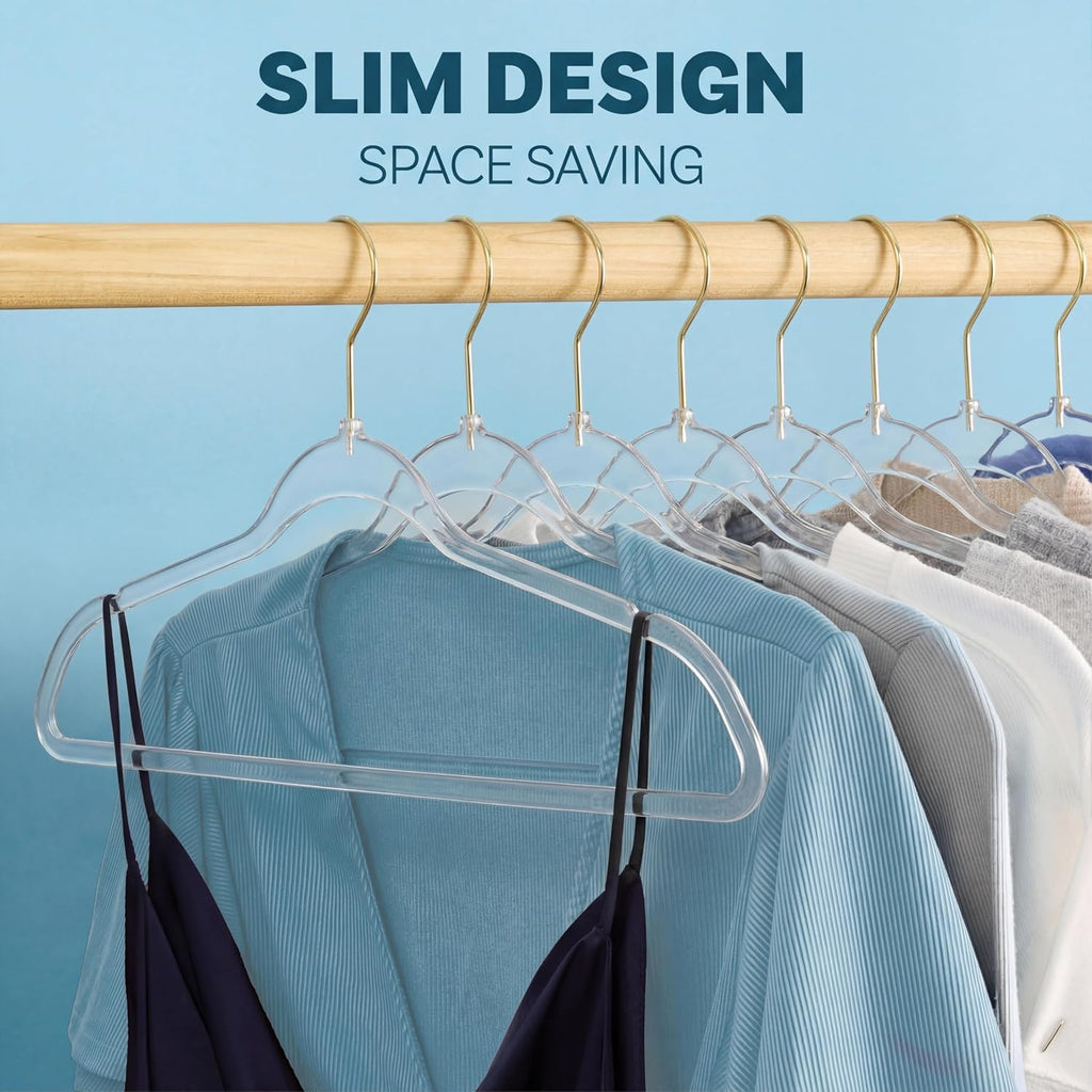 DEILSY™ Clear Hangers 50 Pack with Gold Hook - Non Velvet Slim Hangers - Durable Hanger Space Saver for Closet Organization, Shirts, Dresses, Jackets, Pants, Adult Clothes Storage Solution