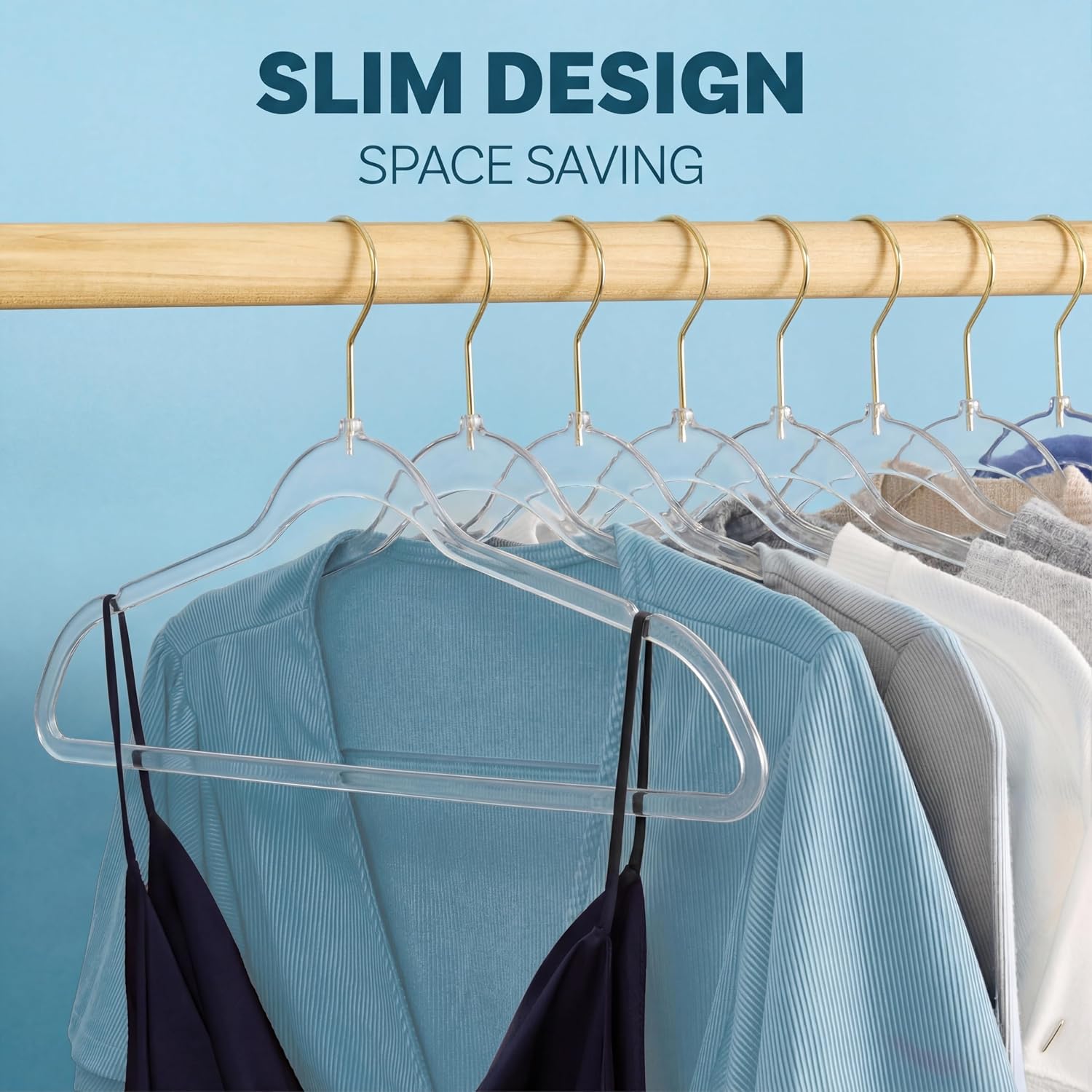DEILSY™ Clear Hangers 50 Pack with Gold Hook - Non Velvet Slim Hangers - Durable Hanger Space Saver for Closet Organization, Shirts, Dresses, Jackets, Pants, Adult Clothes Storage Solution