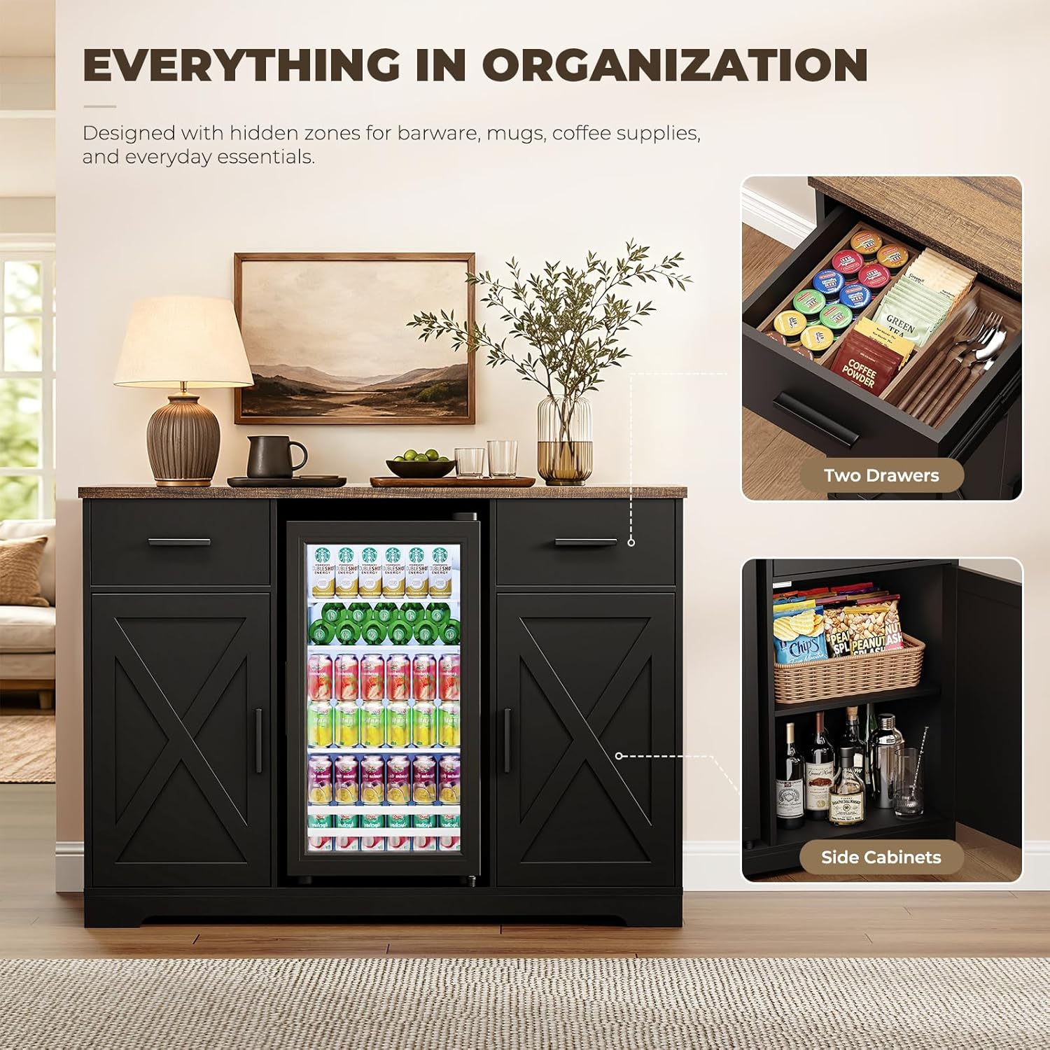 Large Coffee Bar Cabinet with Fridge (Fridge Included), 47'' Farmhouse Bar Cabinet with Wine Storage, Buffet Sideboard Table Station with 2 Drawers & Large Countertop for Home, Black