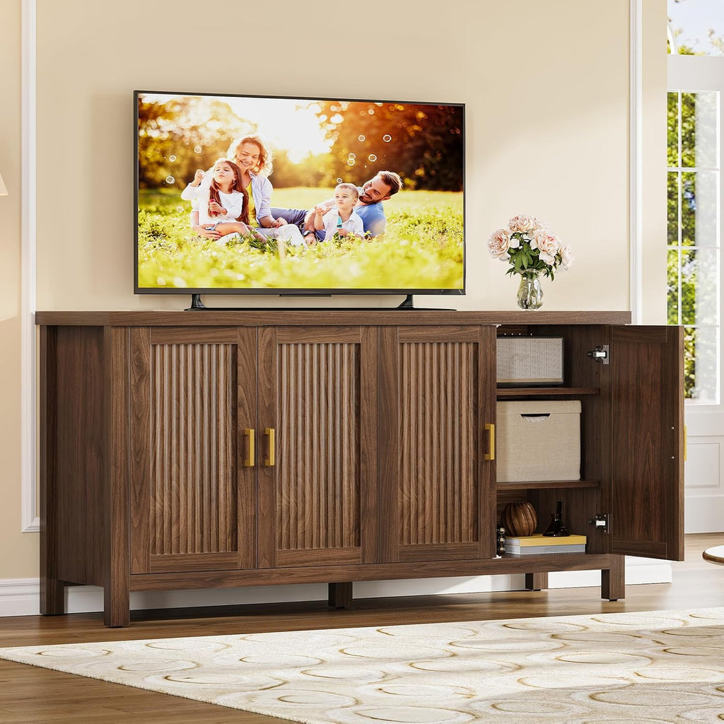 Buffet Cabinet with Storage, 55" Fluted Sideboard Cabinet with 4 Adjustable Shelves, Modern Coffee Bar with 4 Doors, Coffee Bar Cabinet for Kitchen, Living Room, Walnut