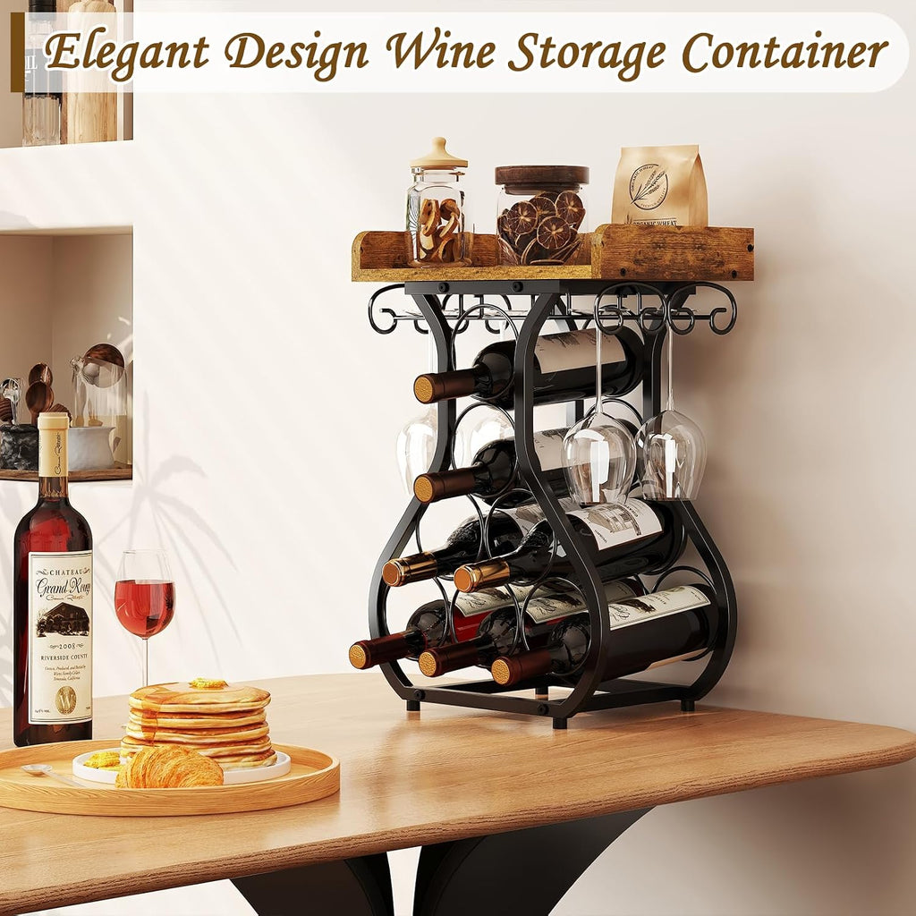 X-cosrack Wine Racks Countertop, Small Wine Rack with Wine Glass Holder, Mini Countertop Wine Rack with Tabletop Wine Storage Cabinet Shelf for Kitchen Pantry Home Bar