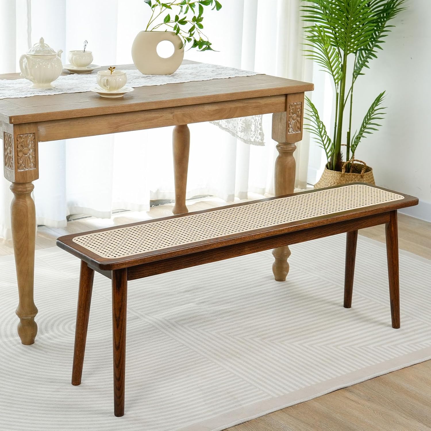Entryway Bench, Solid Wood Kitchen Dining Bench, Mid Century Modern End of Bed Bench with Rattan Woven Top for Bedroom, Dining Room, Entry Way, 39.37" L x 11.2" W x 17.7" H, Walnut