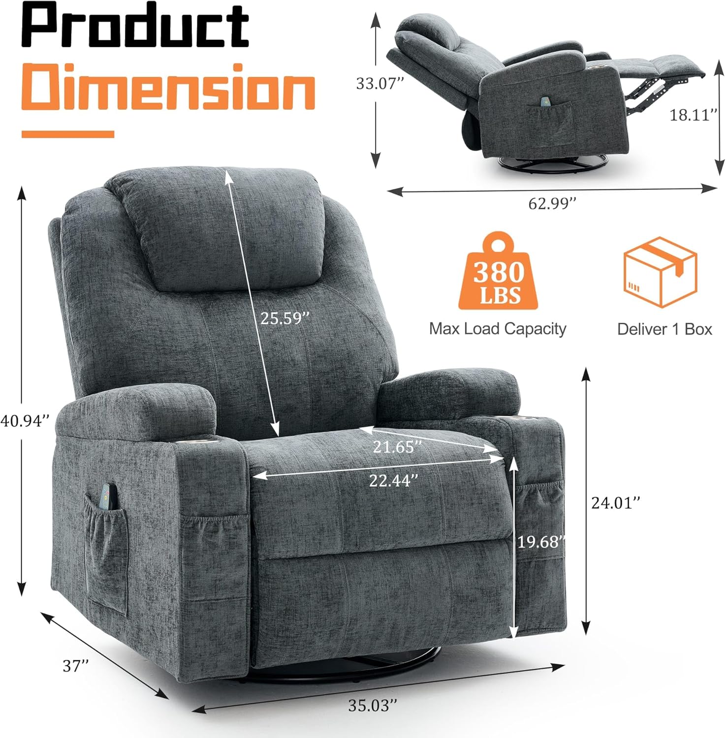 Korser Recliner Chair, 360° Manual Swivel Rocker Chair with Overstuffed Headrest, Rocking Chair with Massage and Heating, Lounge Chair with Cup Holders for Living Room, Bedroom, Nursery, RV, Chenille