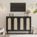 Patikuin Rattan Sideboard Buffet Cabinet, Boho Accent Storage Cabinet, 4 Doors Console Table Coffee Bar with Power Outlet, Adjustable Shelves for Kitchen, Dining Room, Hallway, Living Room (Black_1)
