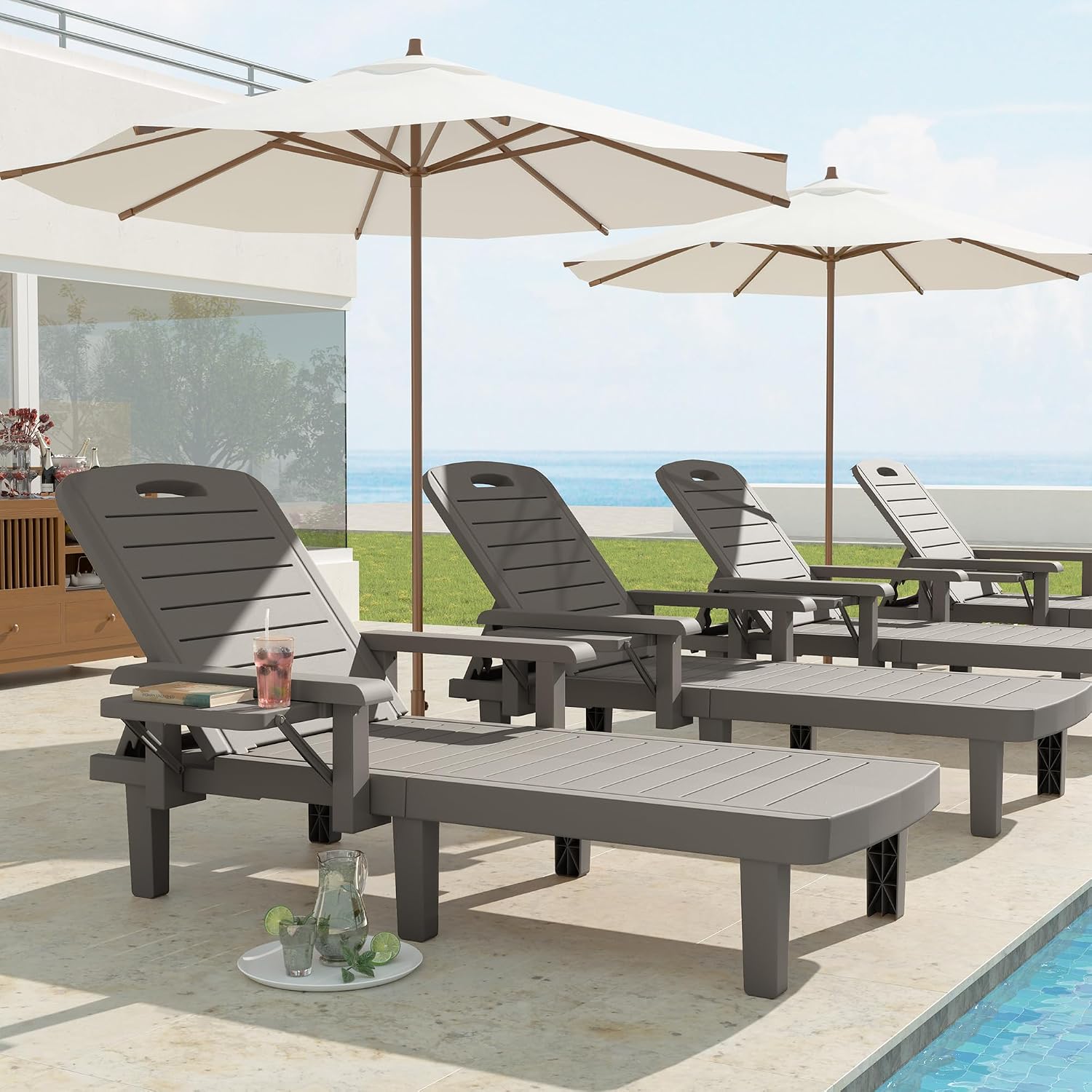 UDPATIO Resin Outdoor Lounge Chair with Armrest Set of 2, 5-Position Adjustable Patio Chaise Chairs, Waterproof Heavy Duty Pool Reclining for Beach, Lawn, Garden, and Deck，Resin A Grey