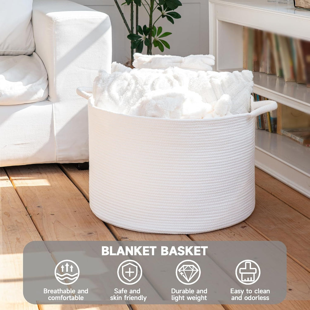 CLHMILY&Z Round Cotton Rope Storage Basket in Living Room, Bedroom, Laundry Room for Toy, Clothes, Blanket, Pillow (White, XLarge(14.2"x22"))