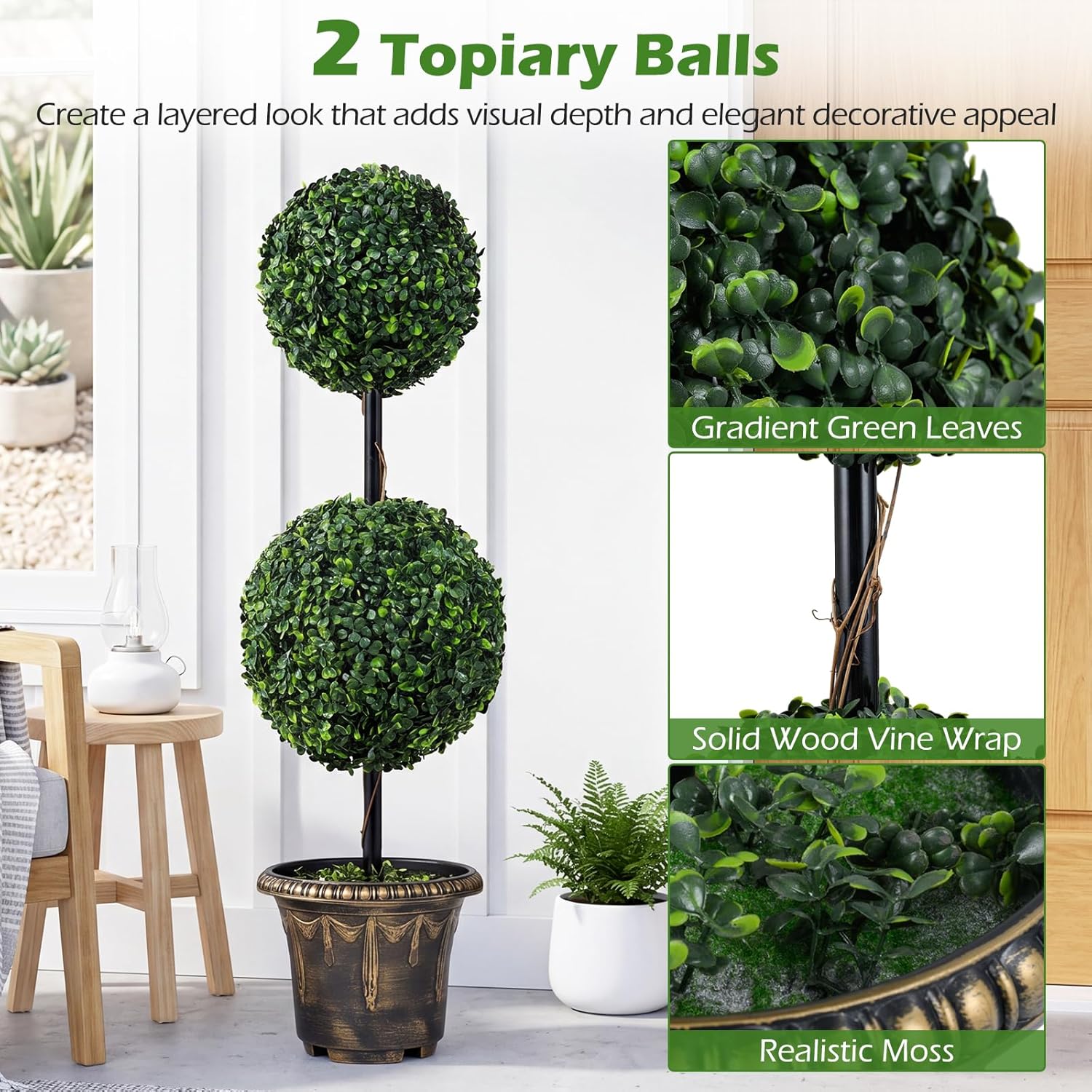 Goplus 3 FT Artificial Boxwood Topiary Tree, Sun-Protective Double Ball Faux Potted Plants, Greenery Indoor Outdoor Fake Plants Shrubs for Entryway Home Office Front Porch Decor (1)
