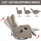 Swivel Rocker Recliner Chair, Nursery Rocking Chair with Heat and Massage, Glider Reclining Chair for Living Room Small Space Bedroom, Chenille Khaki