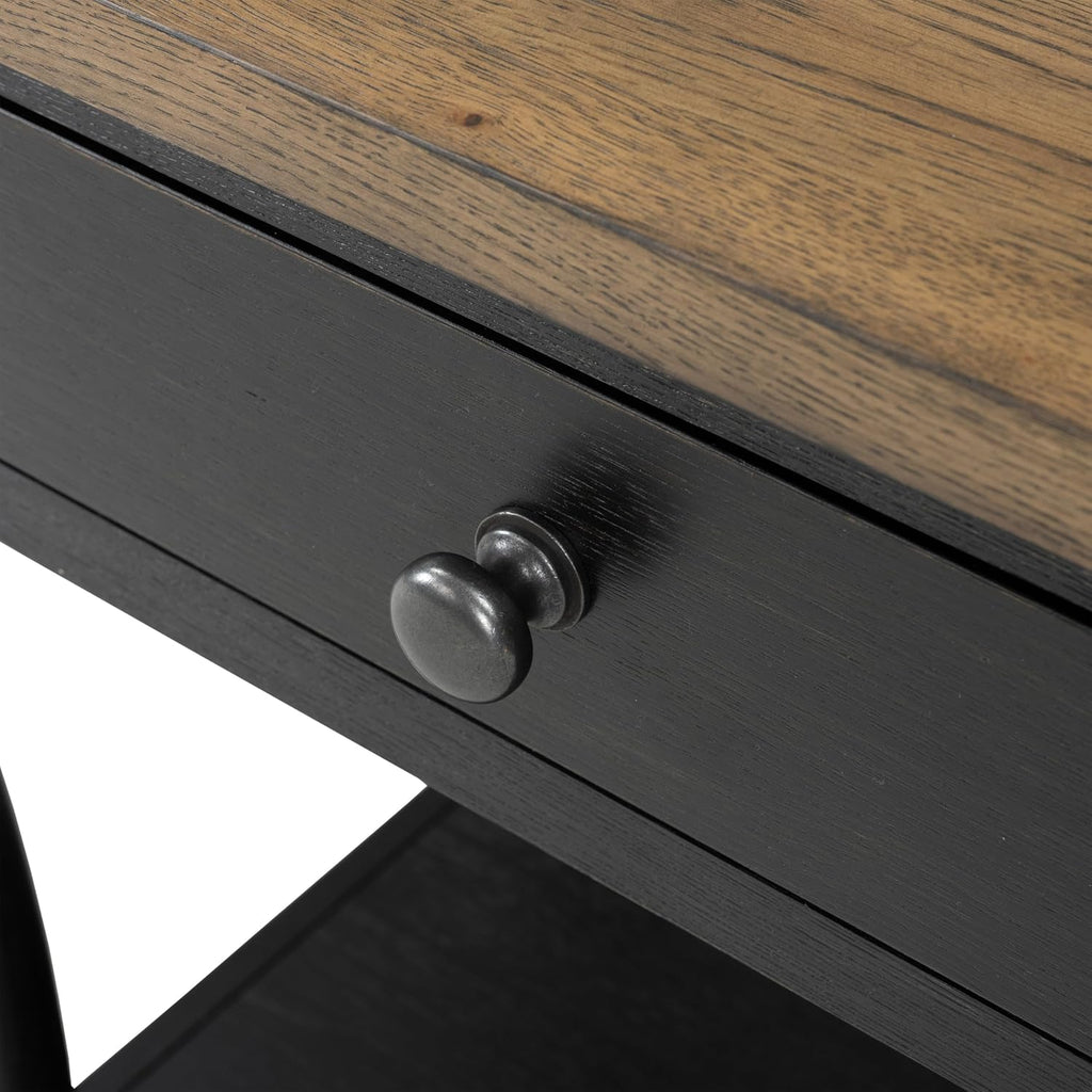 Furniture of America Narella Modern Farmhouse Solid Wood End Tables Set of 2, Bedside Nightstand with Drawer, Shelf and USB Ports, Wooden Night Stand for Bedroom, Dorm, Black/Rustic Oak
