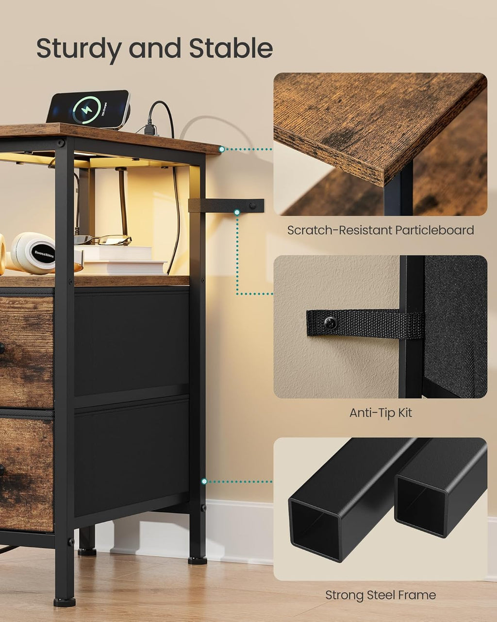 SONGMICS Side Table, Nightstand with Charging Station, End Table with LED Lighting, 2 Drawers, for Living Room, Bedroom, Set of 2, Rustic Brown, BELLAH Collection ULGS012K101