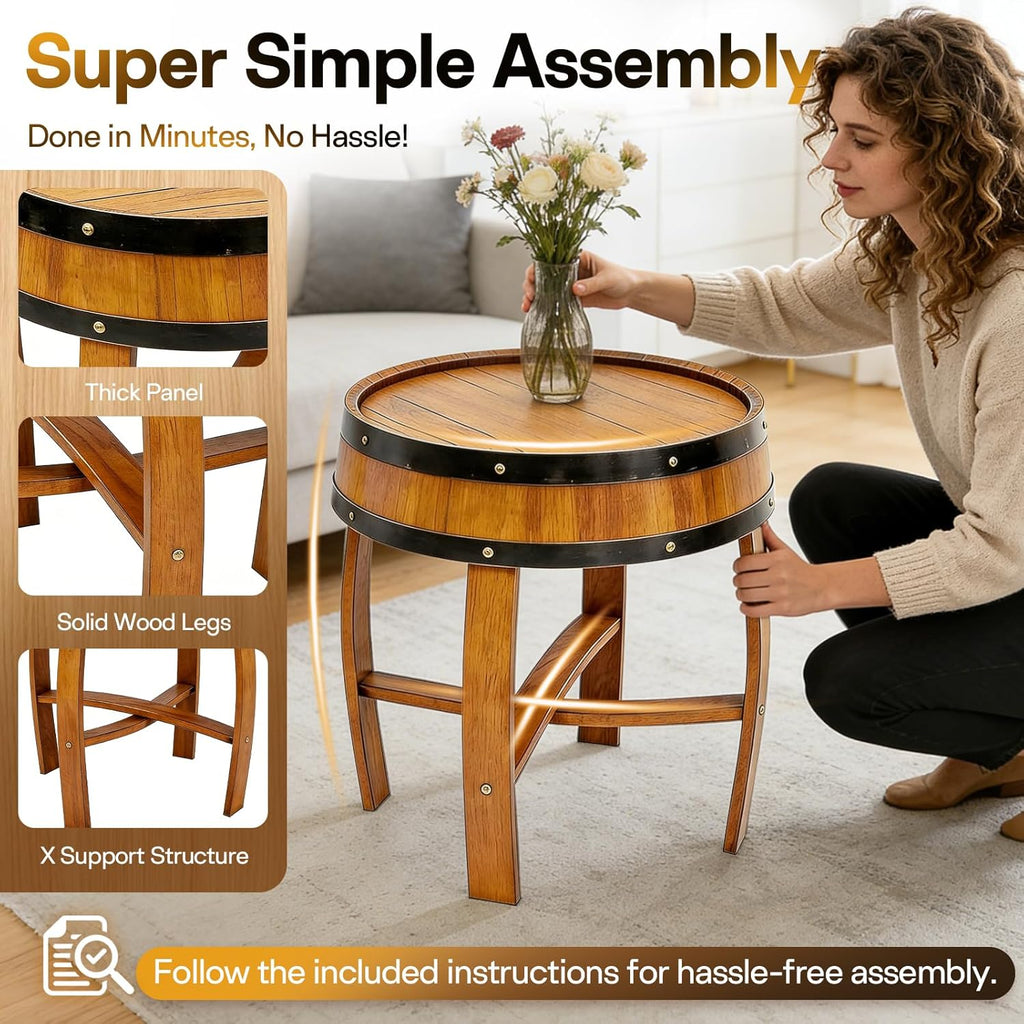 2026 New Rustic Whiskey Barrel Table - 22.2"x24" Solid Oak Round Coffee End | Handcrafted Wine Barrel & Whiskey Side Table for Living Room Bar