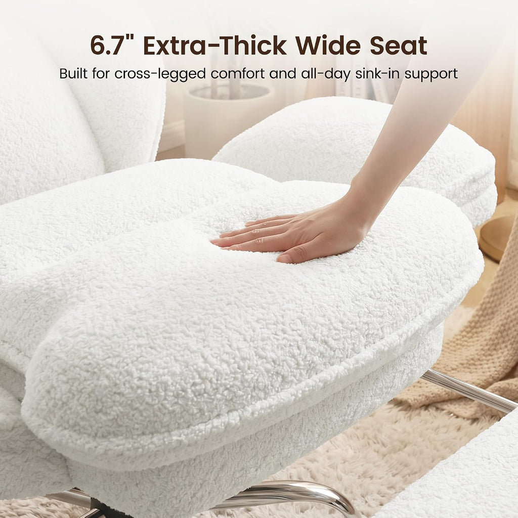 Criss Cross Office Chair with Flip Armrests, Big and Tall Criss Cross Chair with 6.7″ Plush Seat & Footrest, 135° Reclining Cross Legged Office Chair, Sherpa Fleece,White