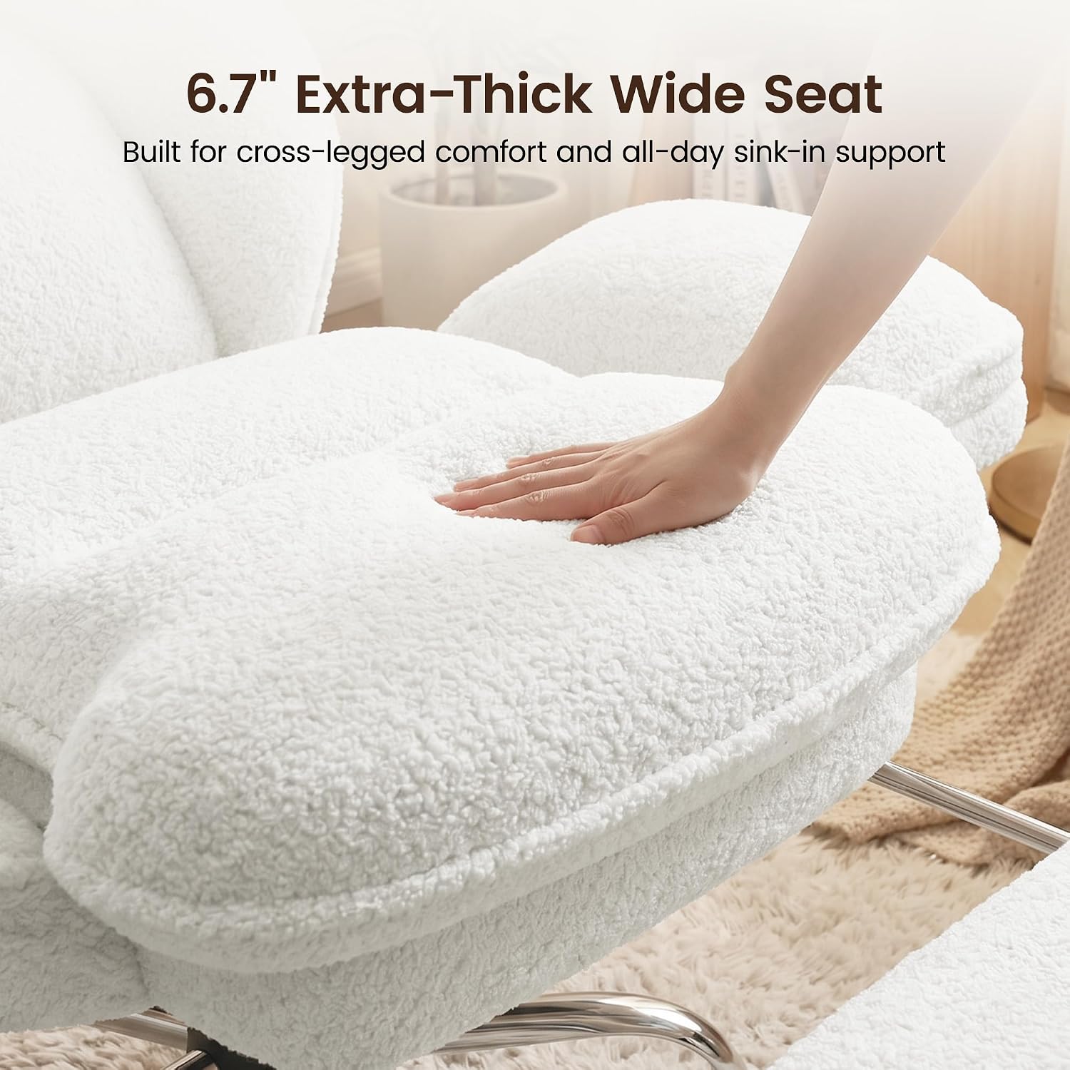 Criss Cross Office Chair with Flip Armrests, Big and Tall Criss Cross Chair with 6.7″ Plush Seat & Footrest, 135° Reclining Cross Legged Office Chair, Sherpa Fleece,White