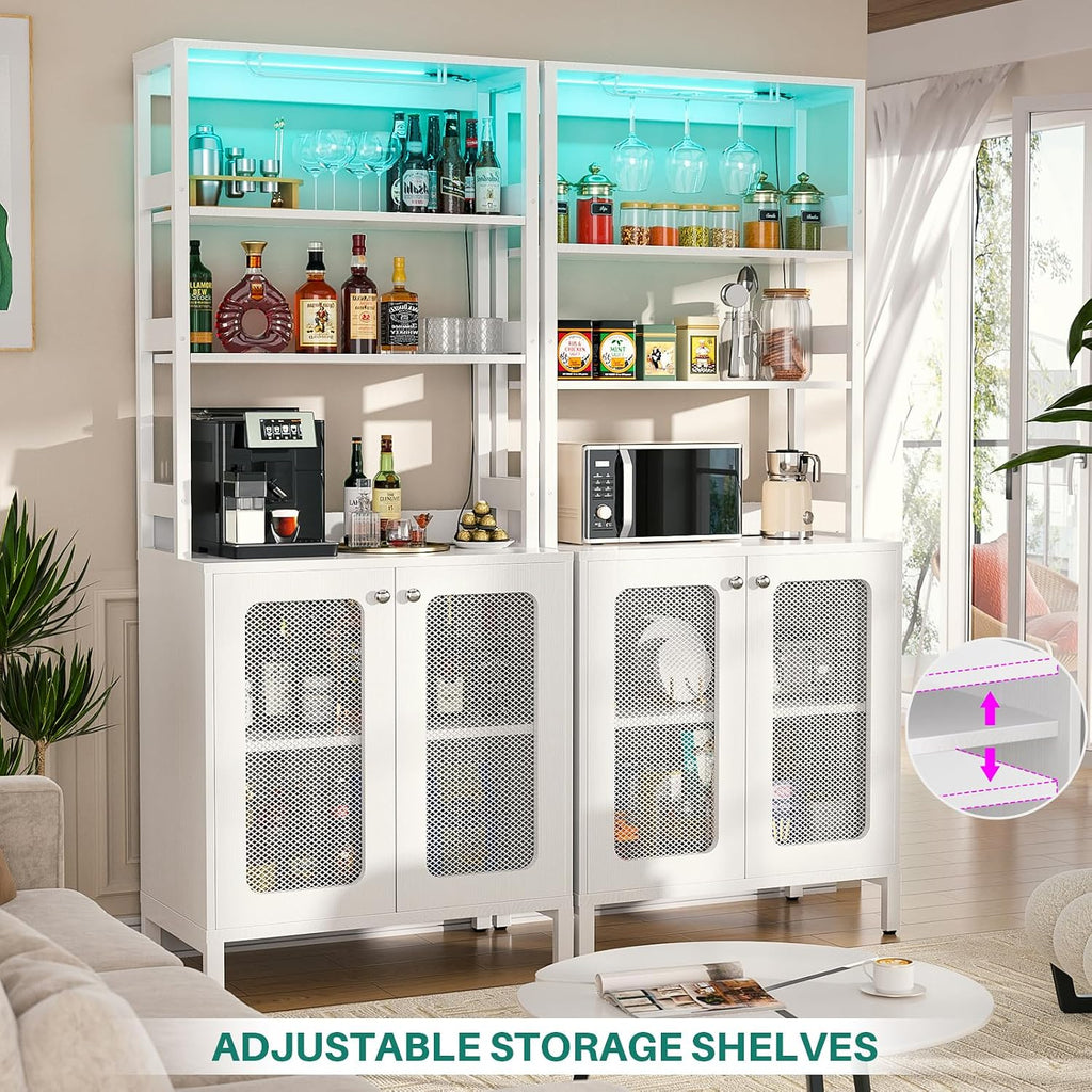 Aheaplus Bar Cabinet with Power Outlets, 67" Tall Wine Bar Cabinet Liquor Cabinet with LED Lights and Glass Holder, Coffee Bar Station for Living Room, Microwave Stand Bakers Rack Cabinet, White