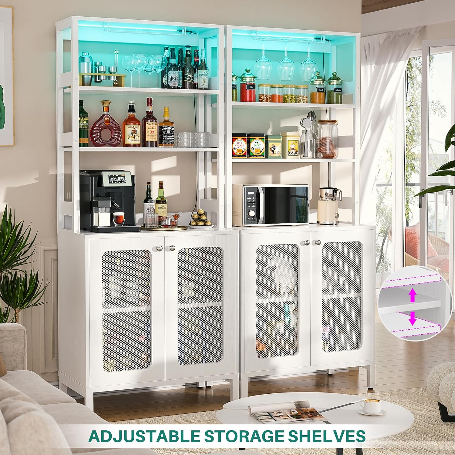 Aheaplus Bar Cabinet with Power Outlets, 67" Tall Wine Bar Cabinet Liquor Cabinet with LED Lights and Glass Holder, Coffee Bar Station for Living Room, Microwave Stand Bakers Rack Cabinet, White