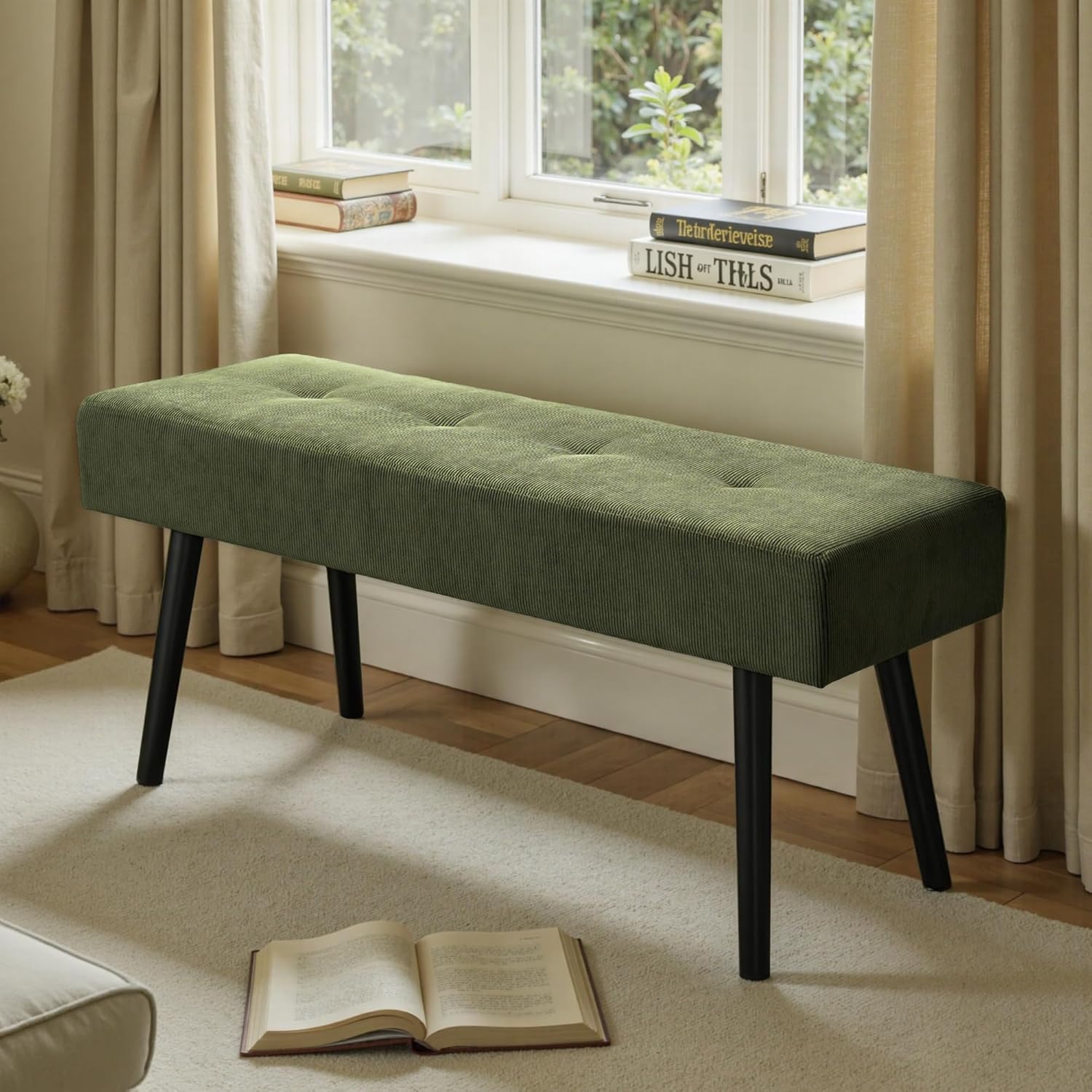 Comfy to go Entryway Bench - Green Bench for Bedroom, Modern Ottoman End of Bed, Corduroy Padded Benches for Living Room, Foyer, Mudroom, Hallway - 39" L x 14" W x 17" H