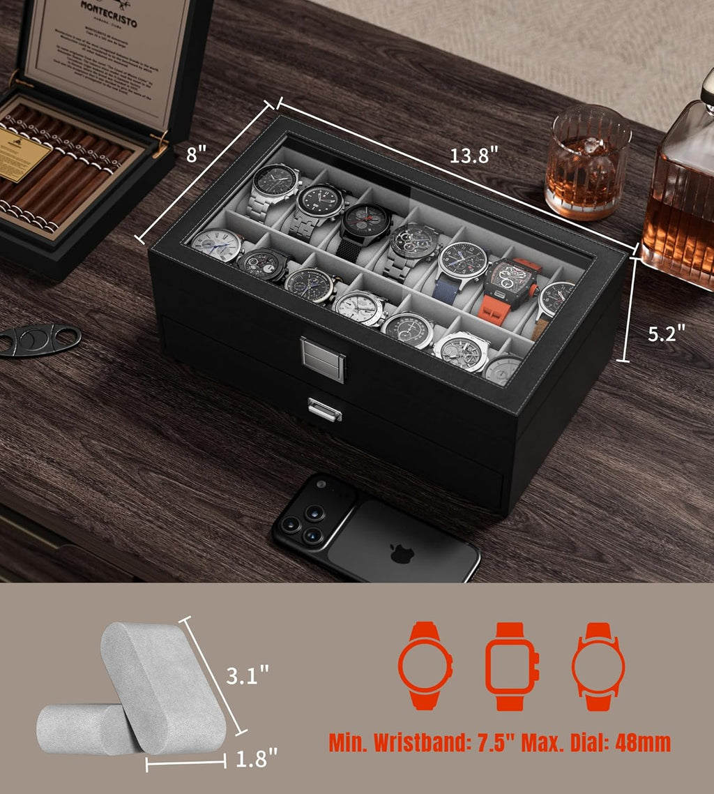 Watch Case Box for Men - 14 Slots Watch Display Organizer with Glass Lid, Double Layer PU Leather Jewelry Storage with Drawer, Gift for Husband Boyfriend Dad, Black