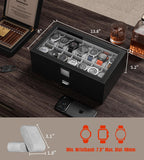 Watch Case Box for Men - 14 Slots Watch Display Organizer with Glass Lid, Double Layer PU Leather Jewelry Storage with Drawer, Gift for Husband Boyfriend Dad, Black