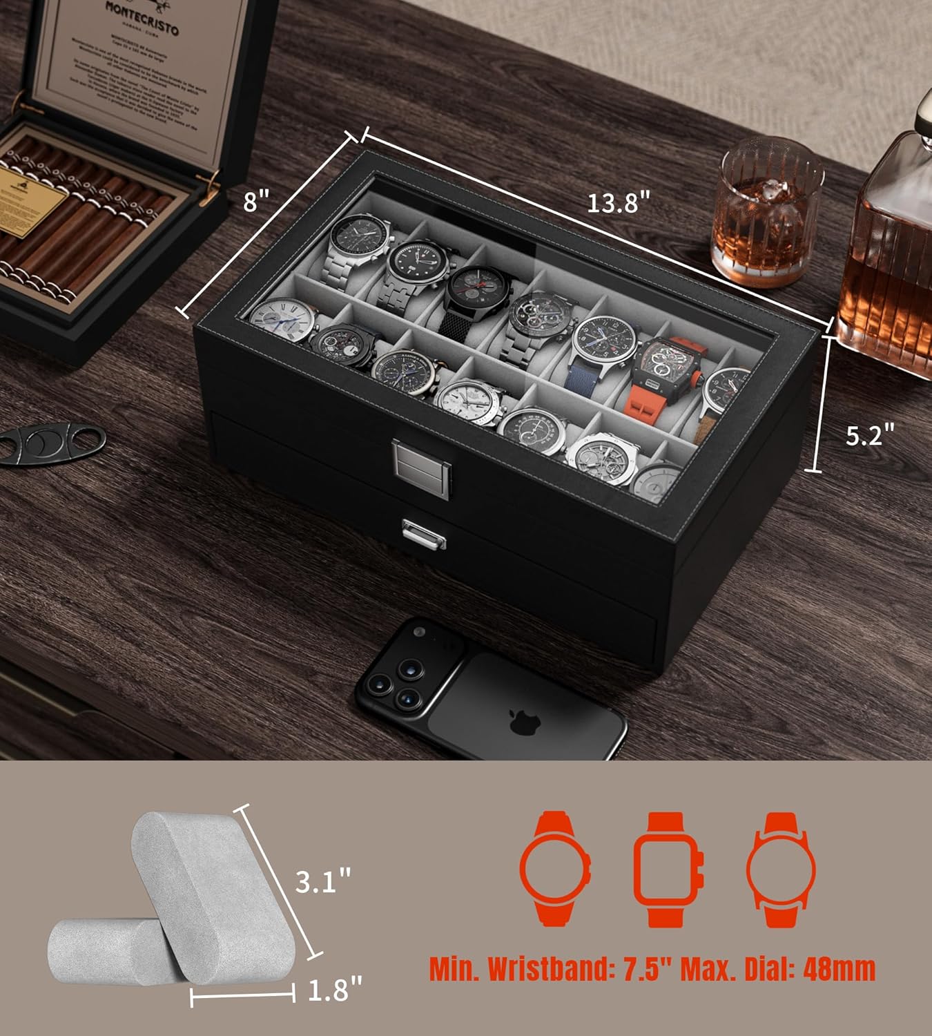 Watch Case Box for Men - 14 Slots Watch Display Organizer with Glass Lid, Double Layer PU Leather Jewelry Storage with Drawer, Gift for Husband Boyfriend Dad, Black