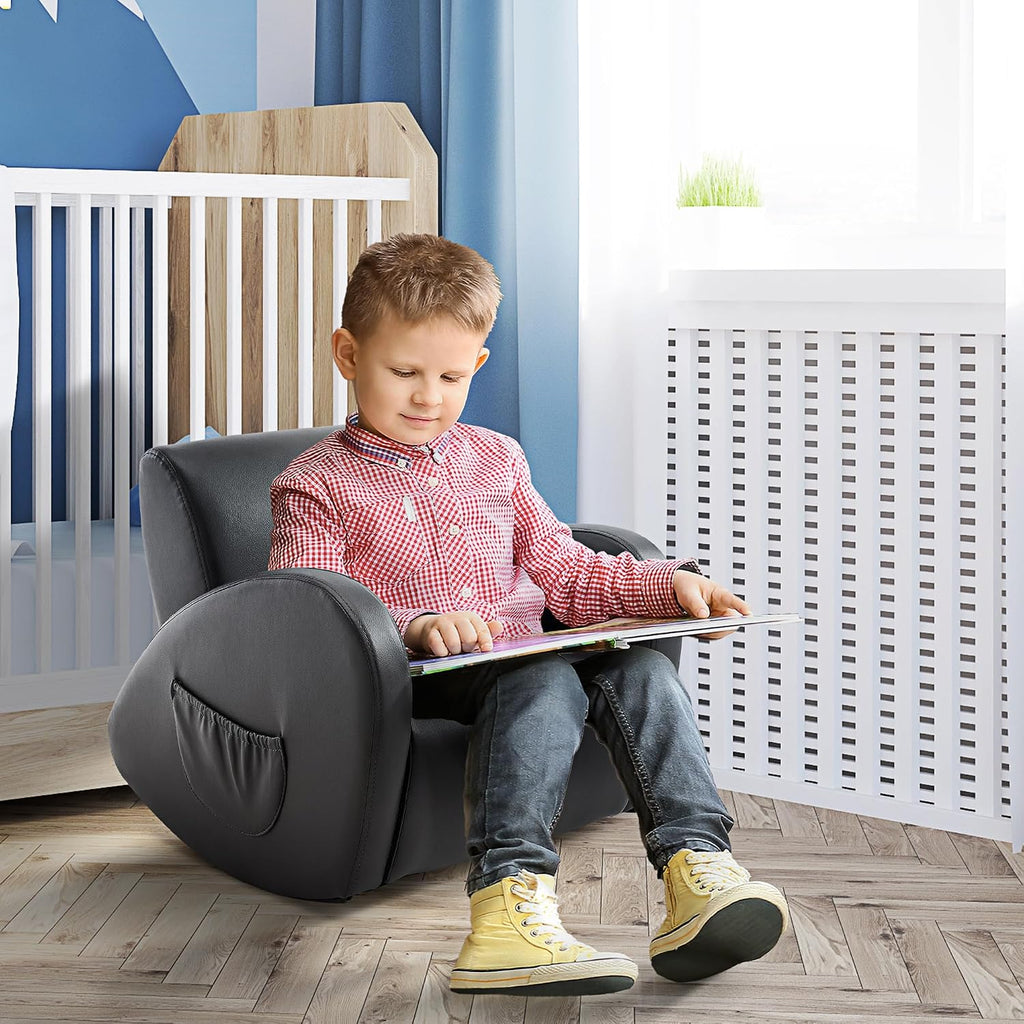 Sofa Rocking Chair with Side Pocket, PU Leather Toddler Armchair for Children Grey