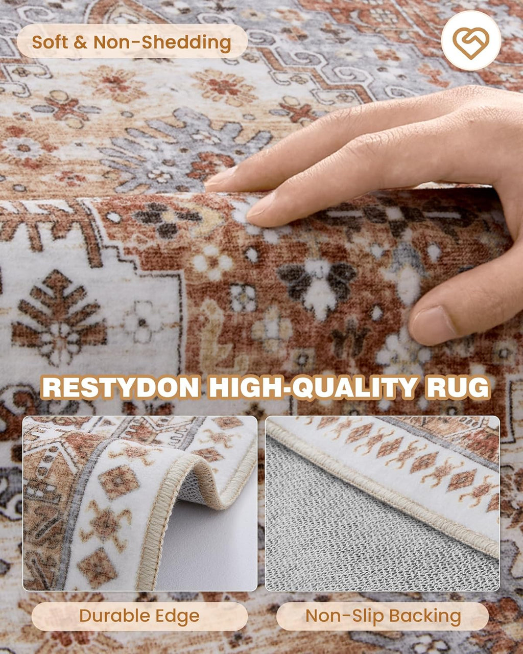 Runner Rug 2x8 Runners for Hallways Non Slip Washable, Vintage Hallway Runner Rugs for Living Room, Low Pile Soft Hallway Rug for Kitchen Bedroom Laundry Room Rug(Orange,2'x8')