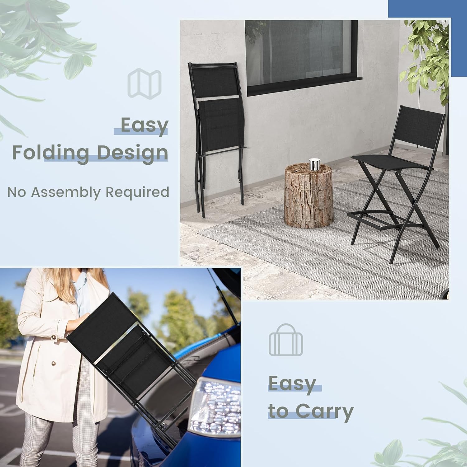 Tangkula Outdoor Barstools Set of 2, Counter Height Folding Bar Chairs with Back and Footrest, Versatile Patio Dining Chairs with Breathable Fabric & Heavy-Duty Metal Frame (2, Black)