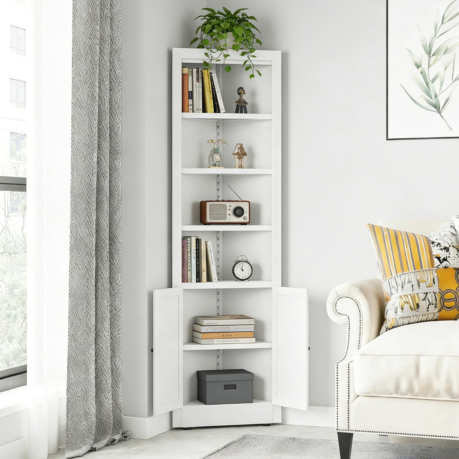 Tall Corner Pantry Cabinet for Living Room, 71 Inch 5-Tier Metal Corner Kitchen Cabinet, Adjustable Shelves, Floor Corner Bathroom Cabinet with Storage Shelves for Laundry Room, Space Saving, White
