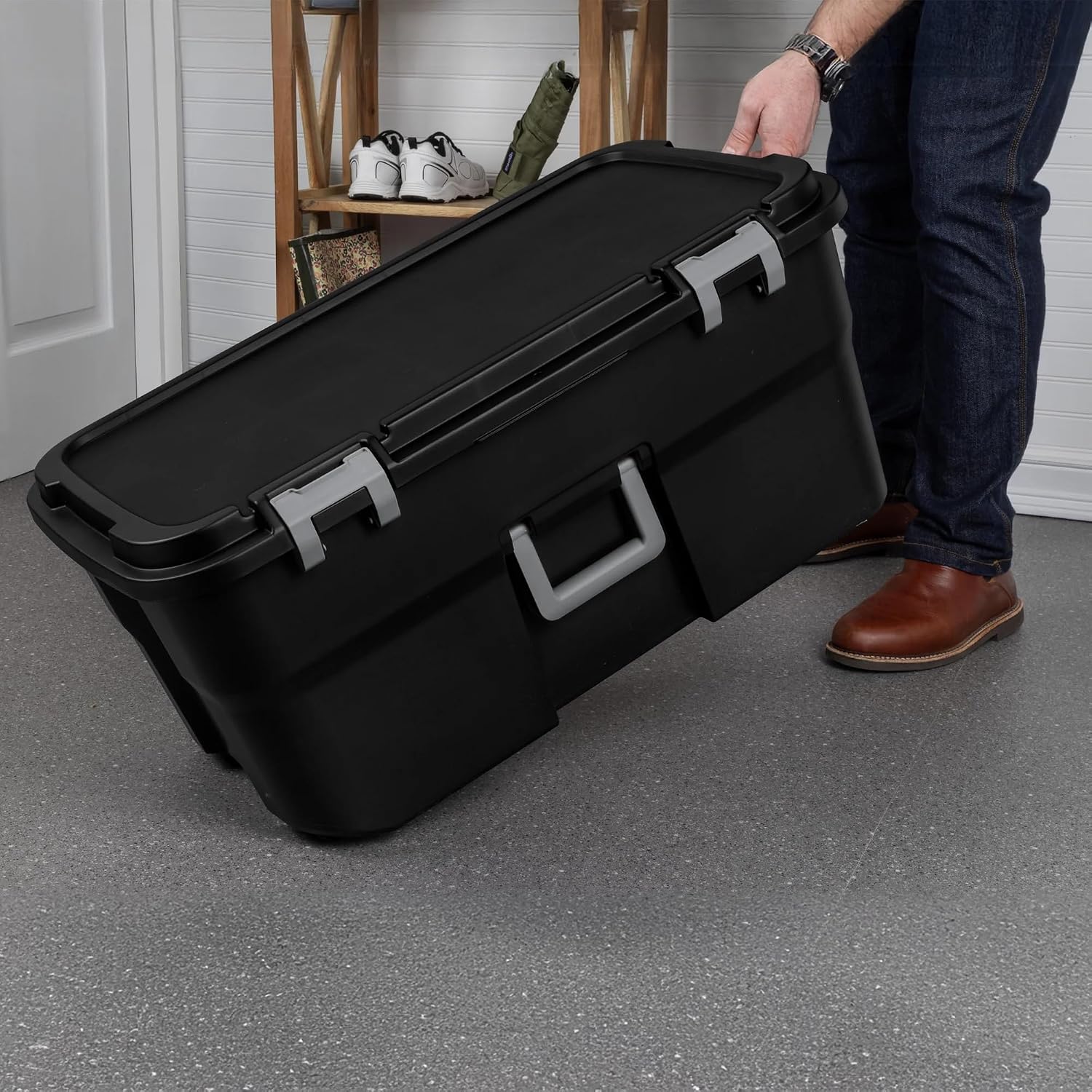 22 Gallon Large Rolling Footlocker, Heavy Duty Plastic Storage Trunk with Wheels and Lockable Handle, Black, 31" x 18" x 14"