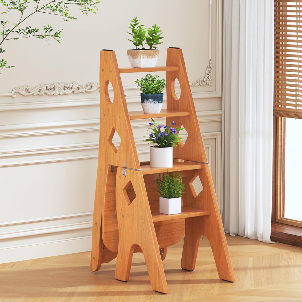 Folding Library Ladder Chair, 4 Tier Portable Step Stool Chair, Lightweight 3-in-1 Stepladders Display Stand, Library Steps Bookshelf Plant Stand for Storage and Decoration