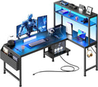 PRAISUN 51.2" L Shaped Gaming Desk with Power Outlets & USB-C Port, LED Lights, Computer Desk with Pegboard, Corner Desk with Storage Shelves & Bag, Office Desk with CPU Stand for Home Office, Black