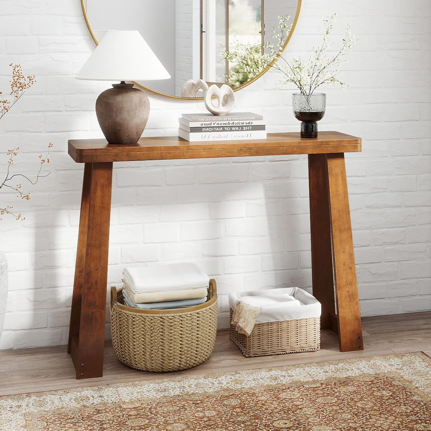 Giantex Narrow Long Console Table, 43" Modern Entryway Table Behind the Couch, Rubberwood Accent Sofa Tables for Living Room, Foyer, Hallway, Bedroom, Entrance (Walnut)