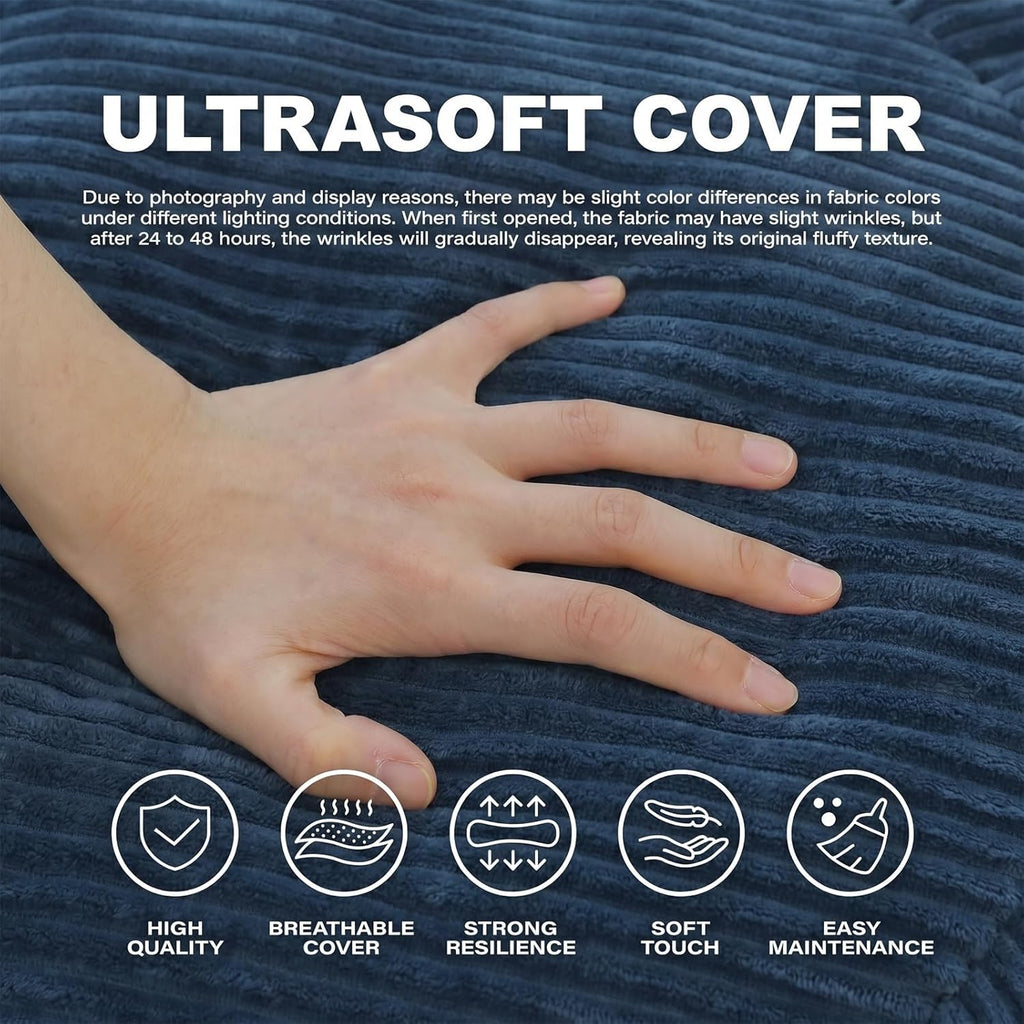 Bean Bag Chair for Adults Teens & Kids, Giant Round Bean Bag with Memory Sponge Filling, Boneless Lounge Floor Sofa Chair with Handle & Non-Slip Base for Living Room Bedroom Balcony(L-Blue)