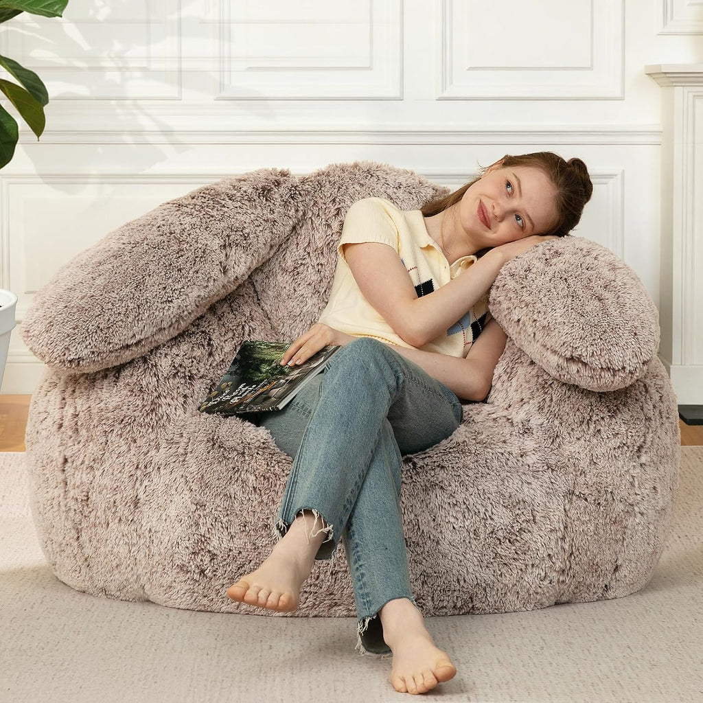 Achicsofar Bean Bag Chair for Adults Teens Giant Fluffy Plush Bean Bag Sofa with Filler Faux Fur Rabbit Shaped Beanbag Chairs Comfy Accent Floor Couch for Gaming, Reading in Bedroom, Living Room, Dorm